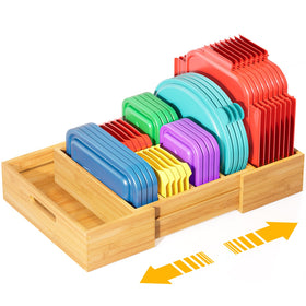 Kiasthome expandable bamboo lid organizer showing full-length cabinet storage