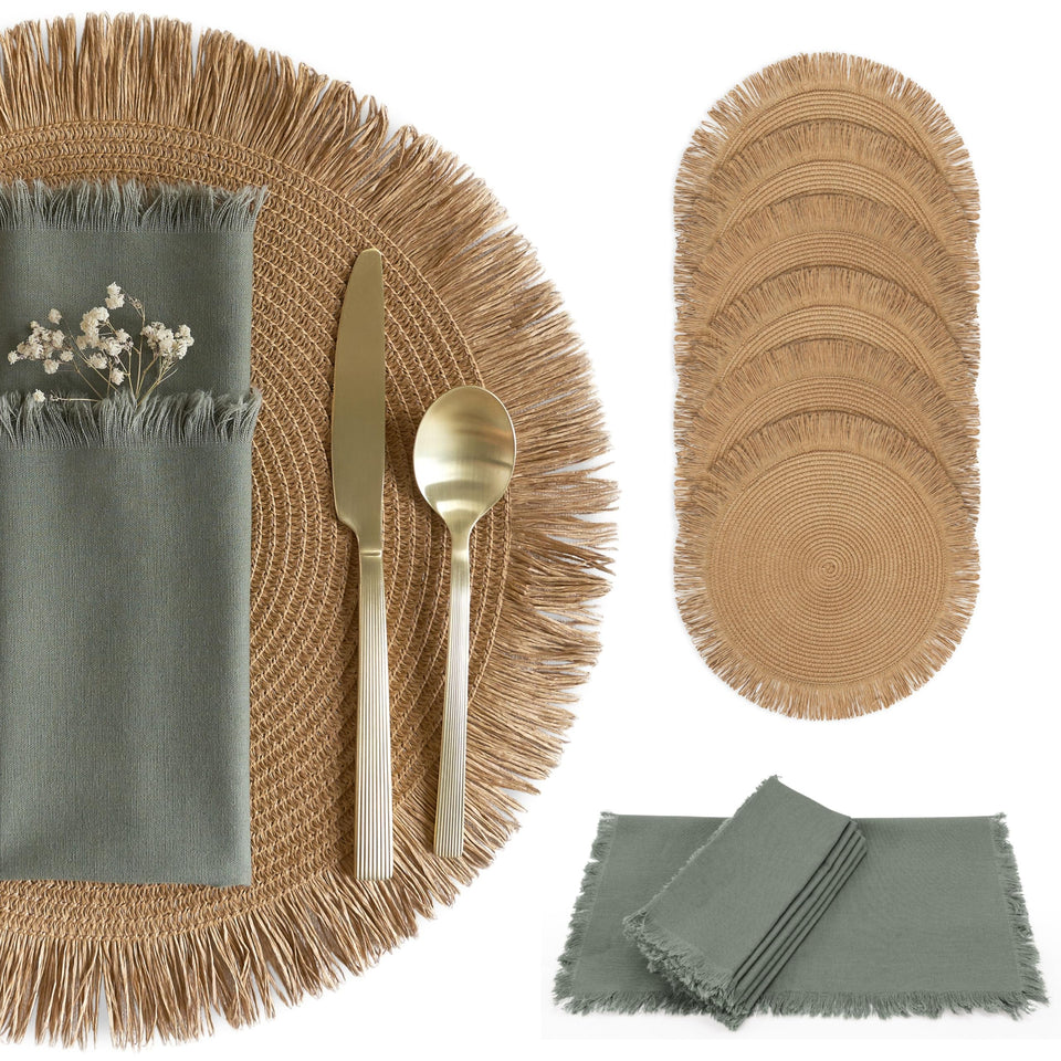 KIBAGA boho placemats 12x12 on rustic table for a cohesive dining base
