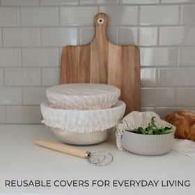 KIBAGA bowl cover material closeup shows durable linen-cotton blend.