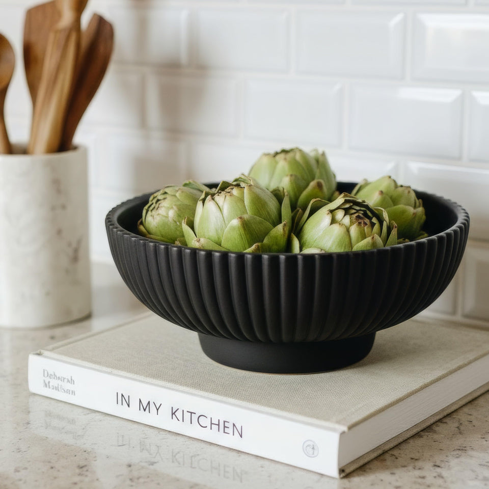 KIBAGA decorative concrete fruit bowl on counter shows modern centerpiece