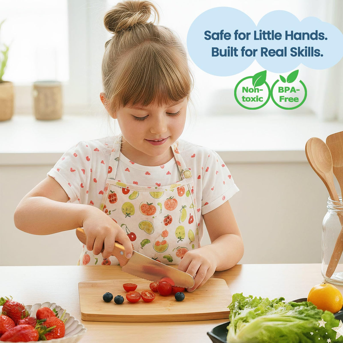 Kibbidea cutting board with wooden handle enhances stable prep for young cooks