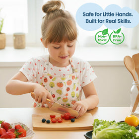 Kibbidea cutting board with wooden handle enhances stable prep for young cooks