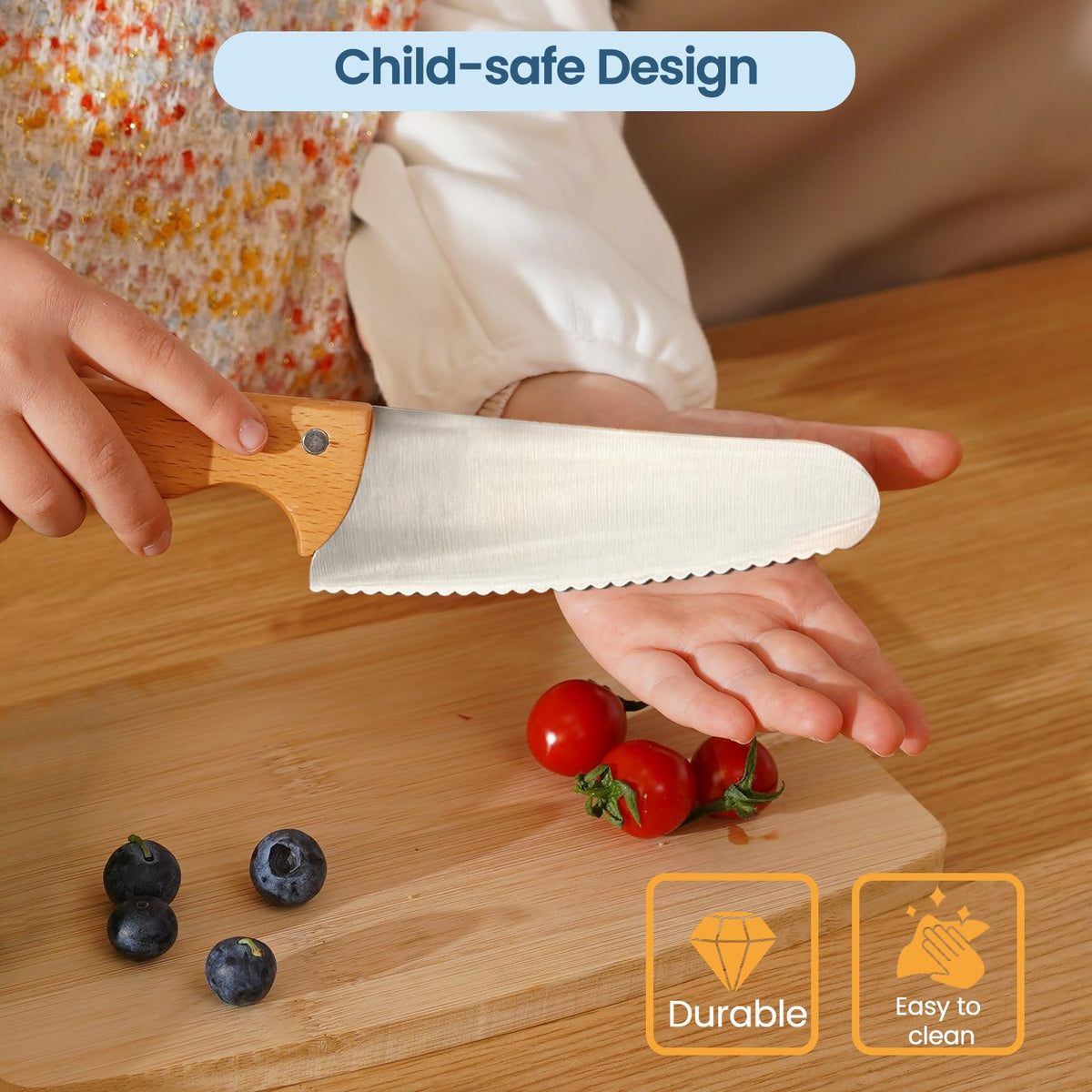 Kibbidea easy cleanup—hand wash and air dry preserve sharpness for growing cooks.