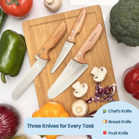 Kibbidea safety design with finger guards reduces slips during kitchen tasks.