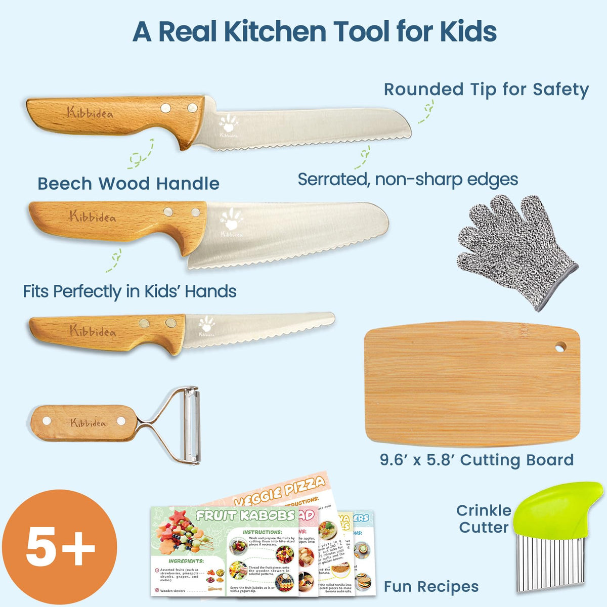 Kibbidea stainless steel knives with rounded edges keep fingers safer while learning