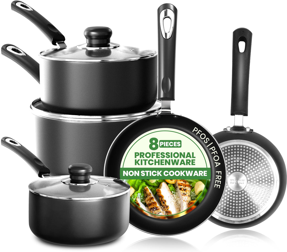 KICHLY 8-piece pots and pans set on stove for everyday cooking.