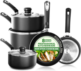 KICHLY 8-piece pots and pans set on stove for everyday cooking.