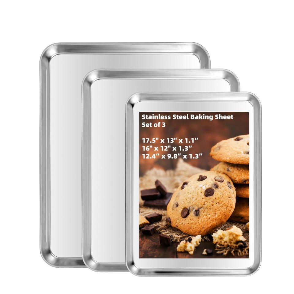 Kichwit baking sheets set of three with a shiny stainless steel finish for even heat distribution.