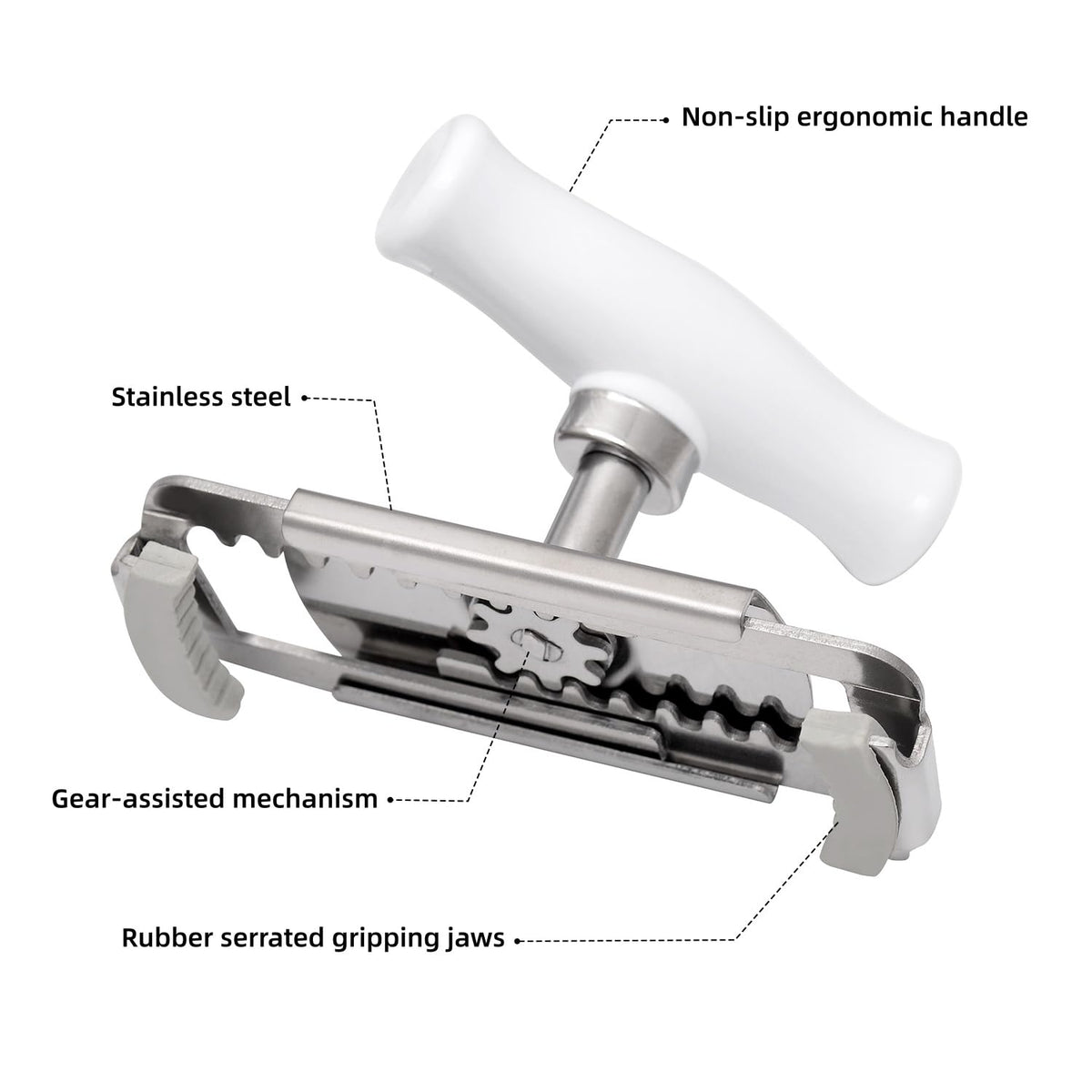 Kichwit jar opener with teeth and rubber jaws grips securely for twisting.