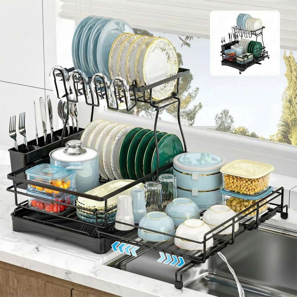 Kicyosl two-tier dish drying rack extended overview showing increased capacity for organized counters