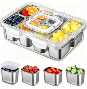 Kidinit Snackle Box full view shows sturdy stainless steel construction for on the go snacking.