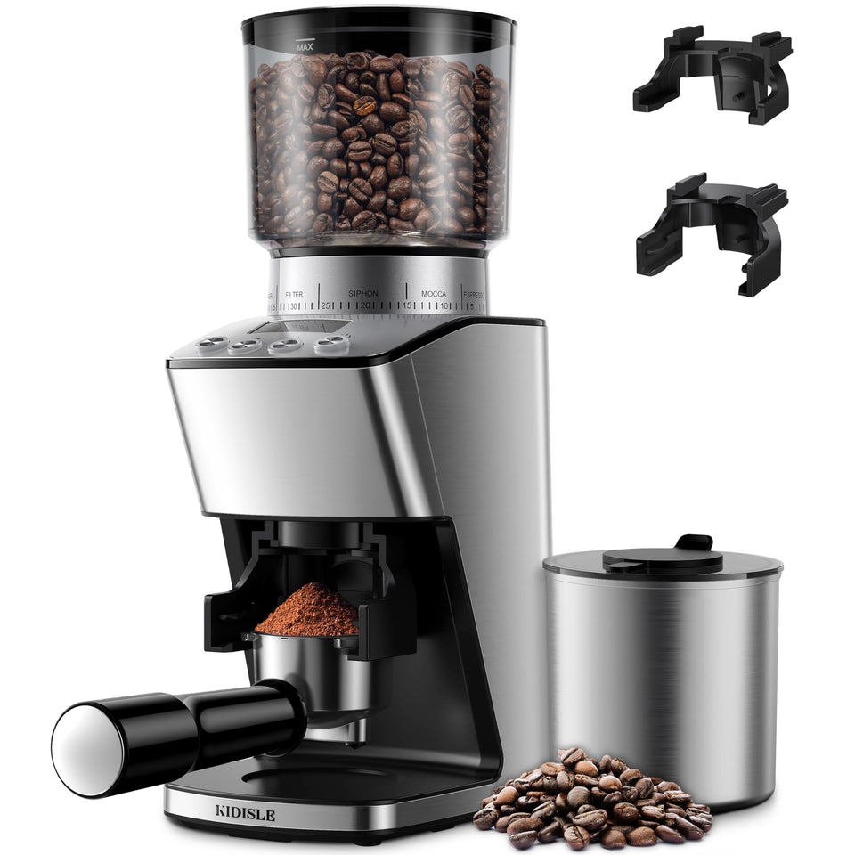 KIDISLE conical burr grinder front view showing compact, sleek profile for home use.
