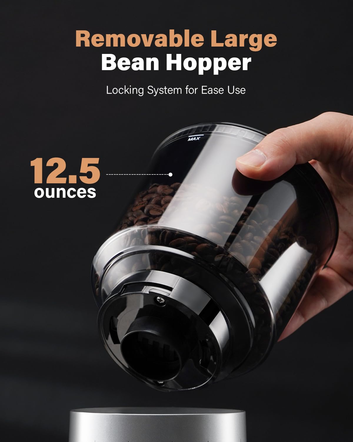KIDISLE 12.5oz hopper shown for easy bean storage and transfer.