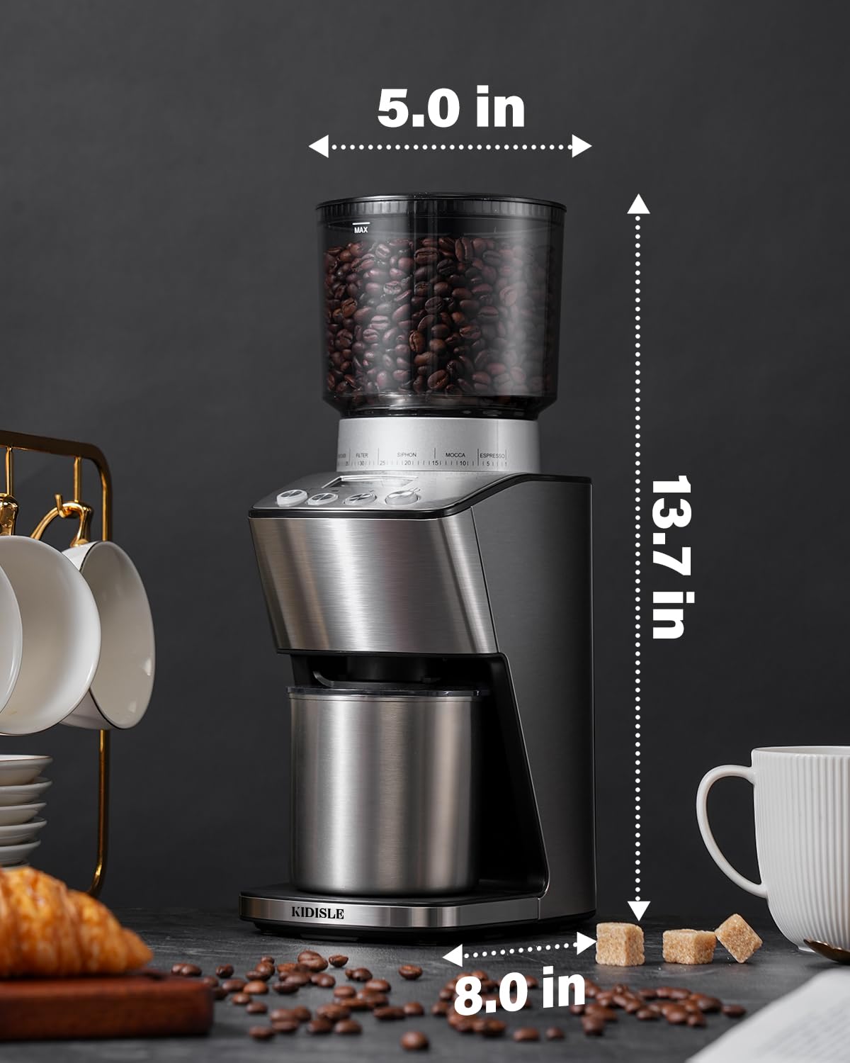 KIDISLE kitchen setup with stainless steel grinder complements modern counters.