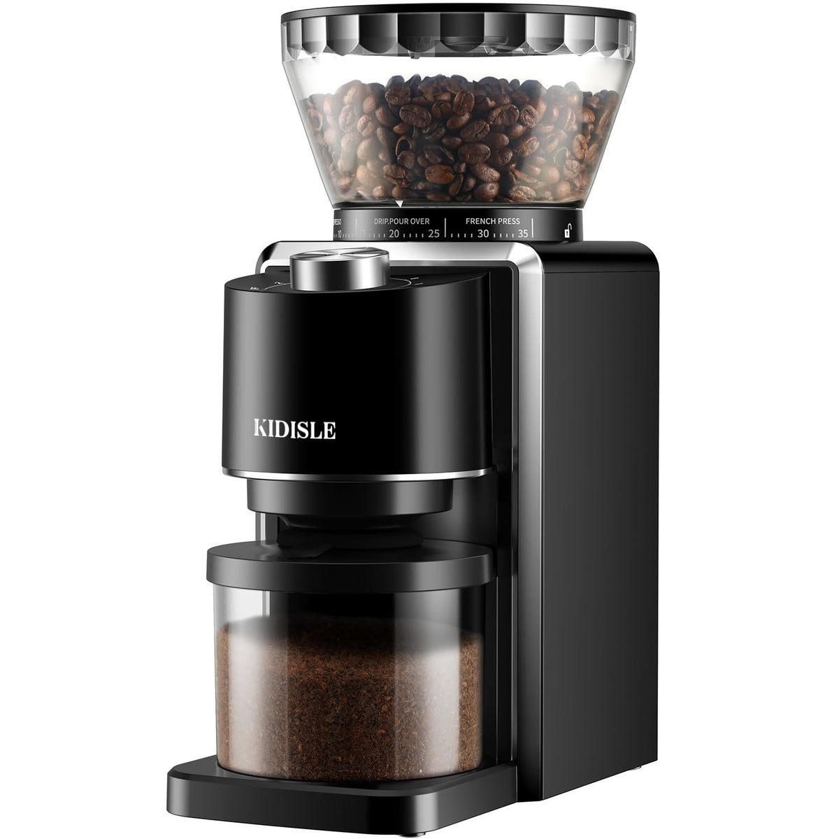 KIDISLE conical burr grinder top view shows hopper and dial for precise control.