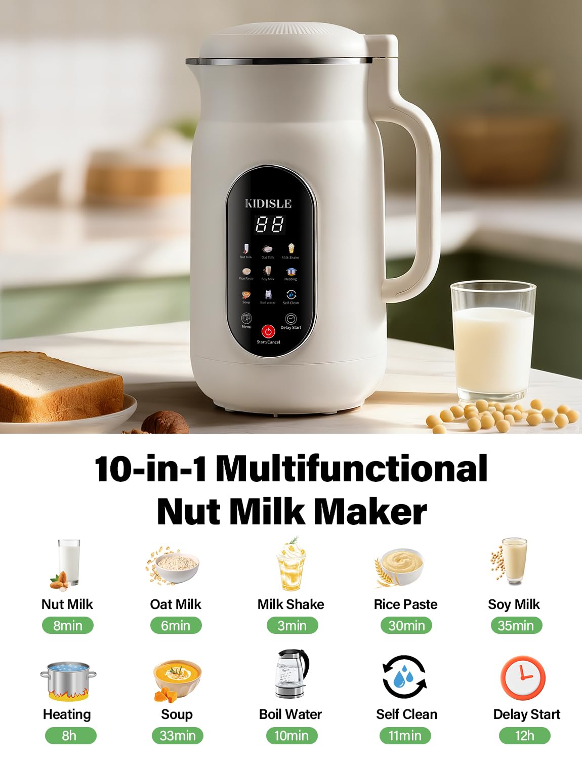KIDISLE Nut Milk Maker all-in-one design for milks, smoothies, and soups