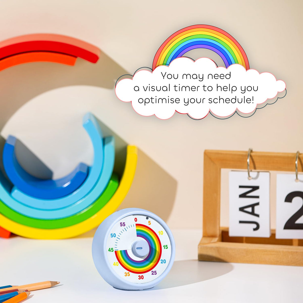 Kiecky Squirrel visual timer with rotating rainbow, illustrating time passing.