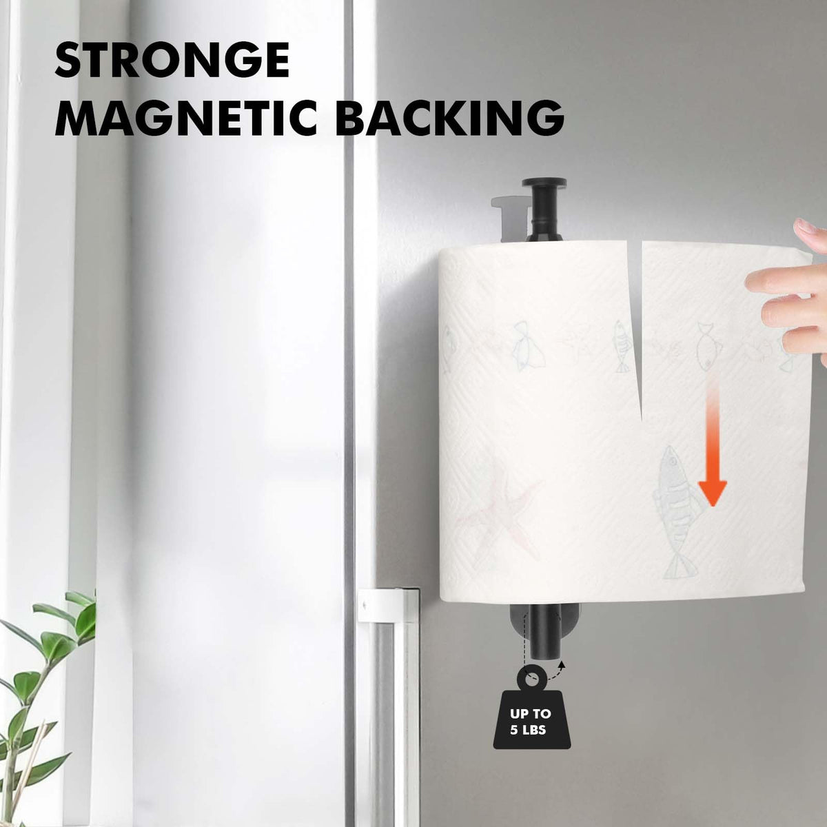 KIHOGEM magnetic paper towel holder mounted on fridge showcasing convenient vertical placement.