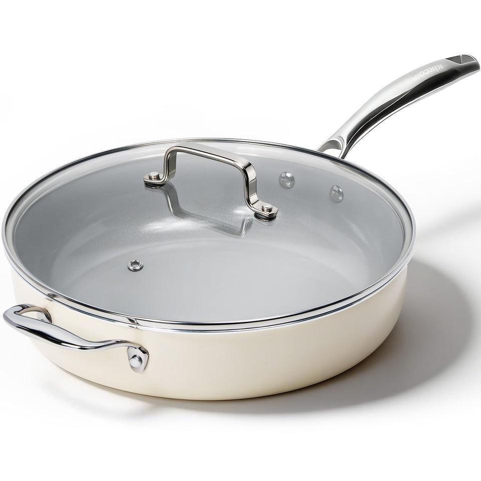 Kikcoin 12-inch ceramic nonstick pan with lid designed for easy family meals.