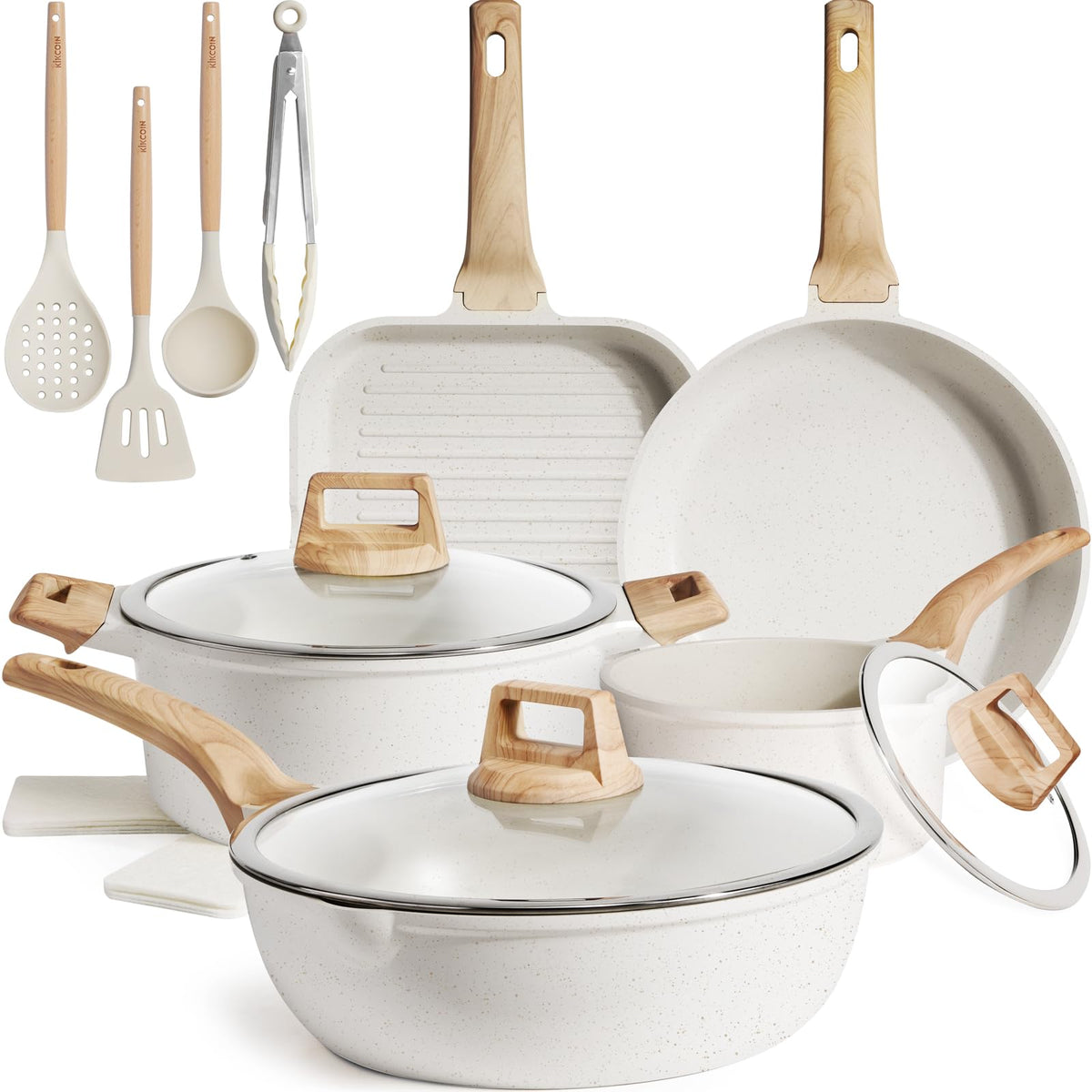 Kikcoin 16-piece ceramic cookware set on stove, versatile for everyday cooking.