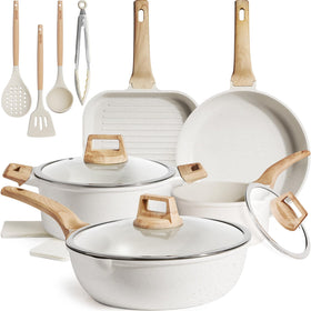 Kikcoin 16-piece ceramic cookware set on stove, versatile for everyday cooking.