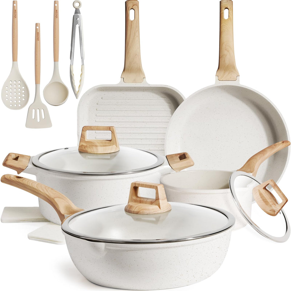 Kikcoin 16-piece ceramic cookware set on stove, versatile for everyday cooking.