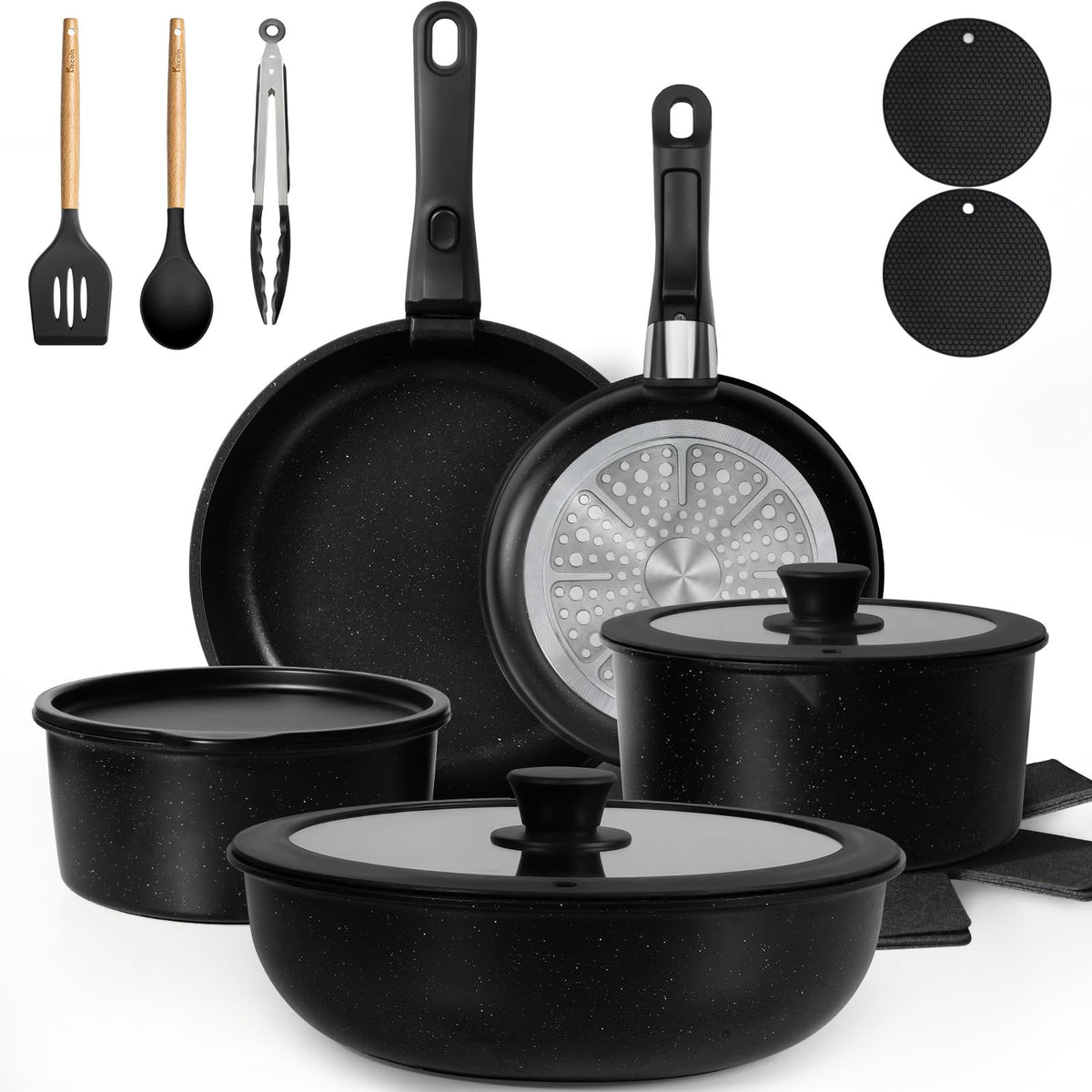 KIKCOIN 20-pcs pots and pans set with non-stick surface for easy release.
