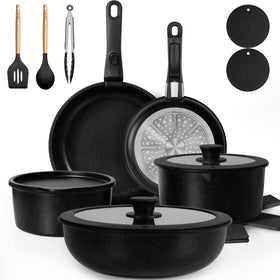 KIKCOIN 20-pcs pots and pans set with non-stick surface for easy release.