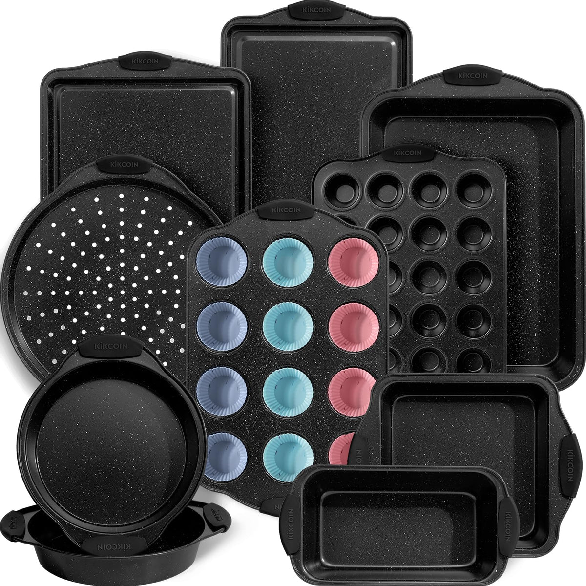 Kikcoin 22-piece nonstick bakeware set for easy release and cleanup.