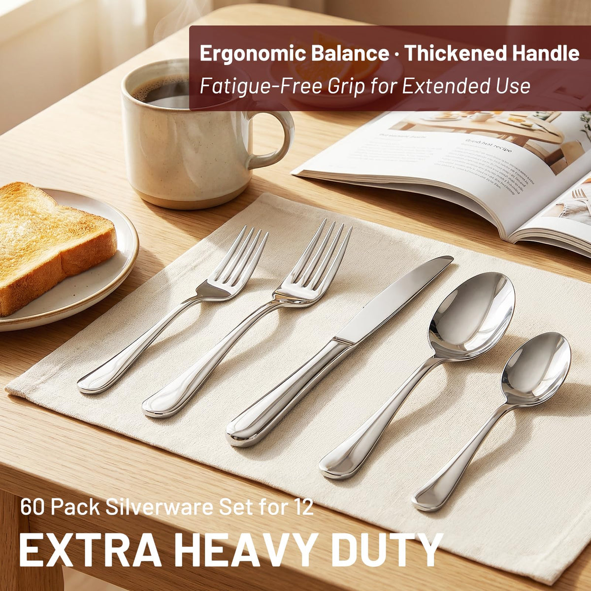 Kikcoin dinner knives—heavy-duty 18/0 steel for balanced cutting.