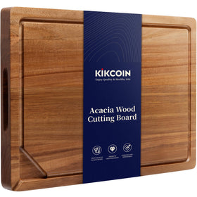 Kikcoin Acacia cutting board with built-in compartments and juice groove for organized prep