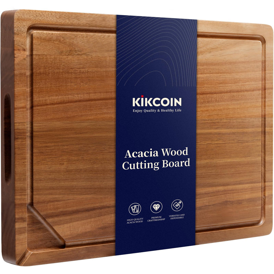 Kikcoin Acacia cutting board with built-in compartments and juice groove for organized prep