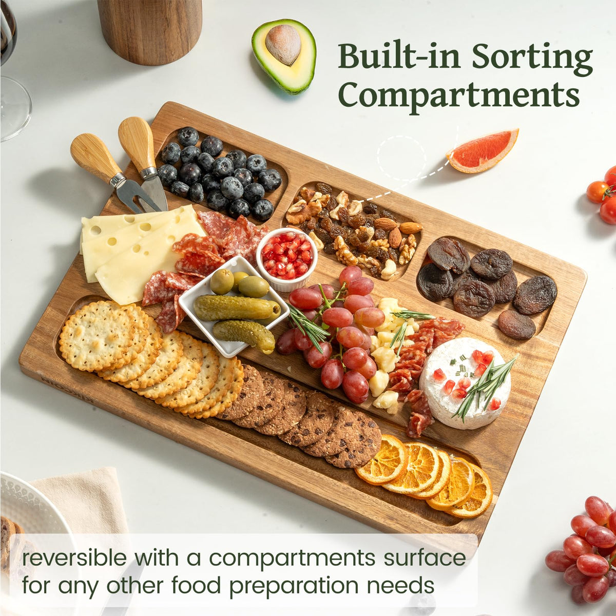 Kikcoin Acacia board arranged for cheese and charcuterie presentations