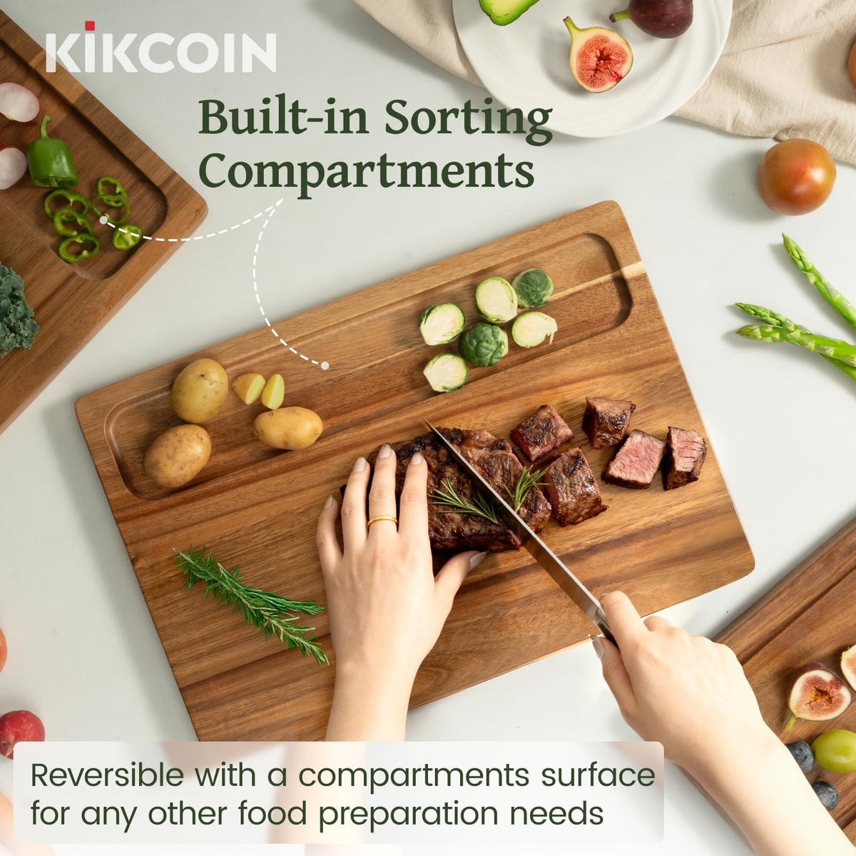 Kikcoin acacia wood cutting board juice groove—keeps counters clean