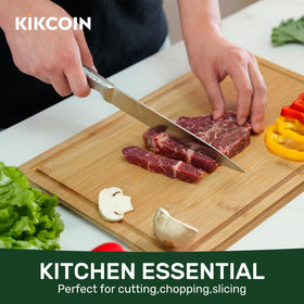 Kikcoin bamboo cutting board with deep juice groove catches liquids.