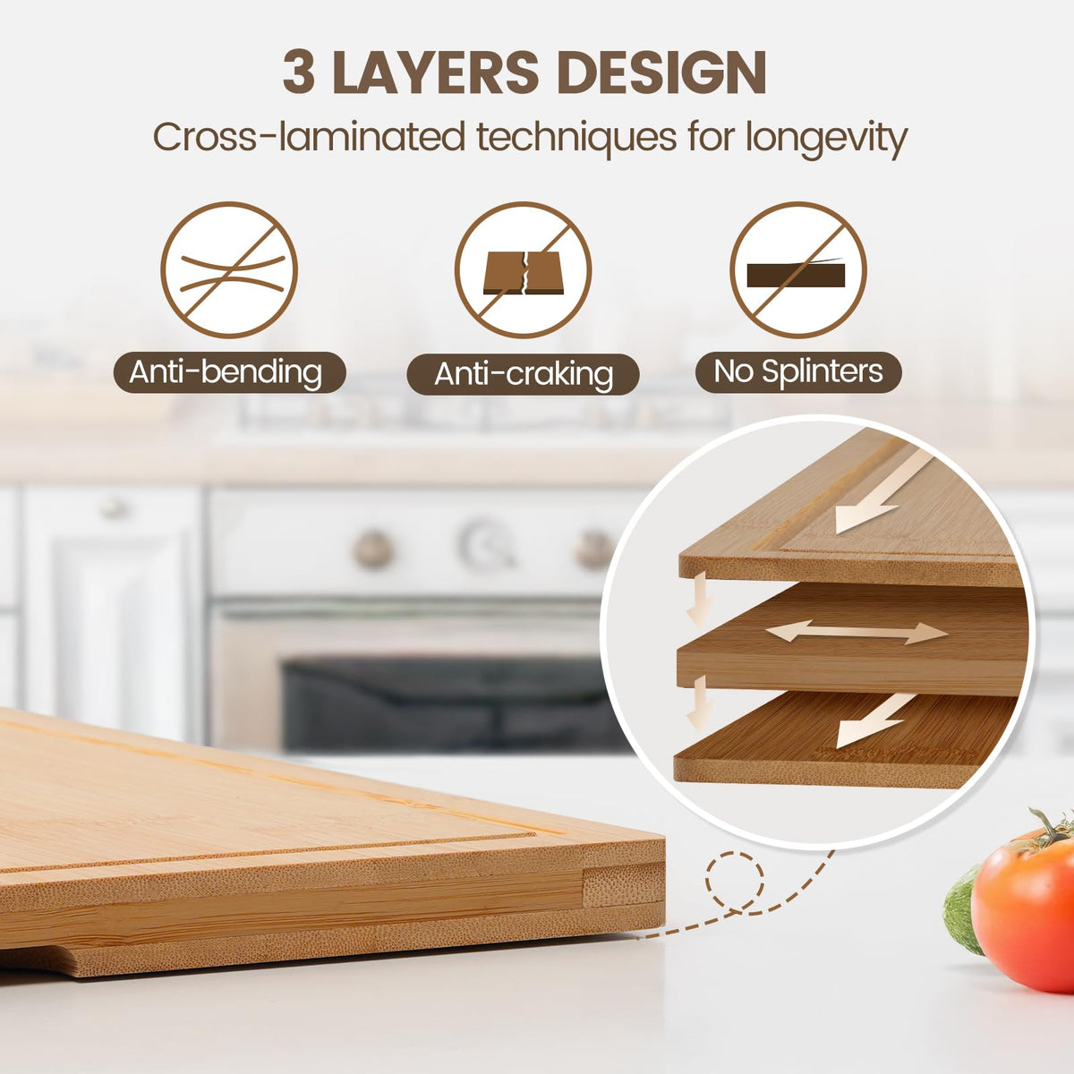Kikcoin bamboo cutting board with invisible handles for easy transport