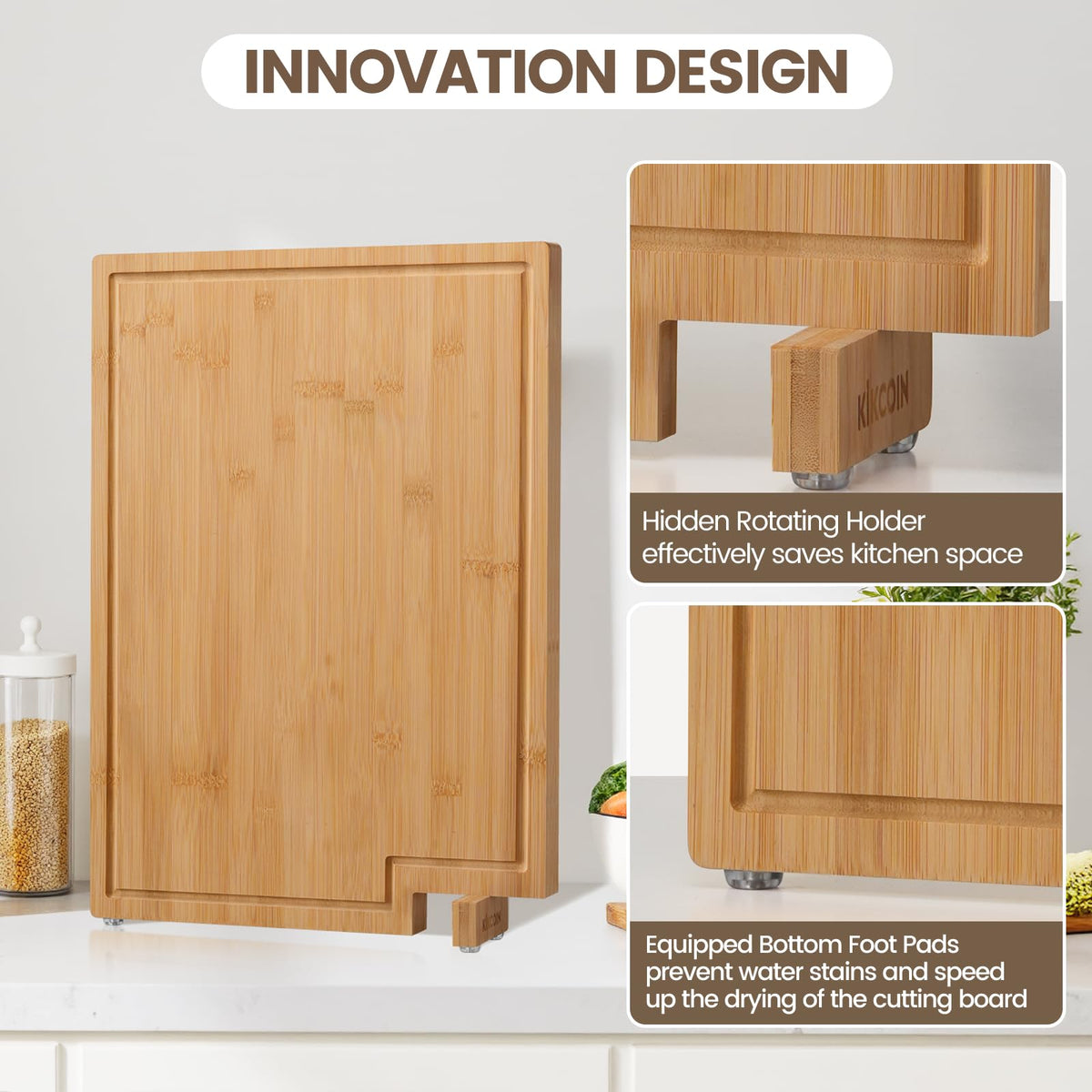 Kikcoin bamboo cutting board showing deep juice groove for mess-free slicing