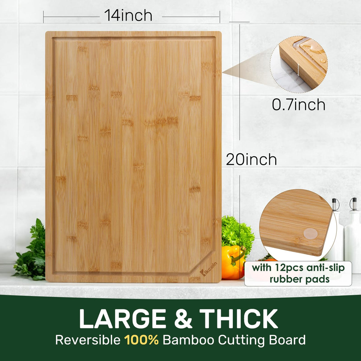 Kikcoin reversible bamboo board for separate raw and cooked prep.