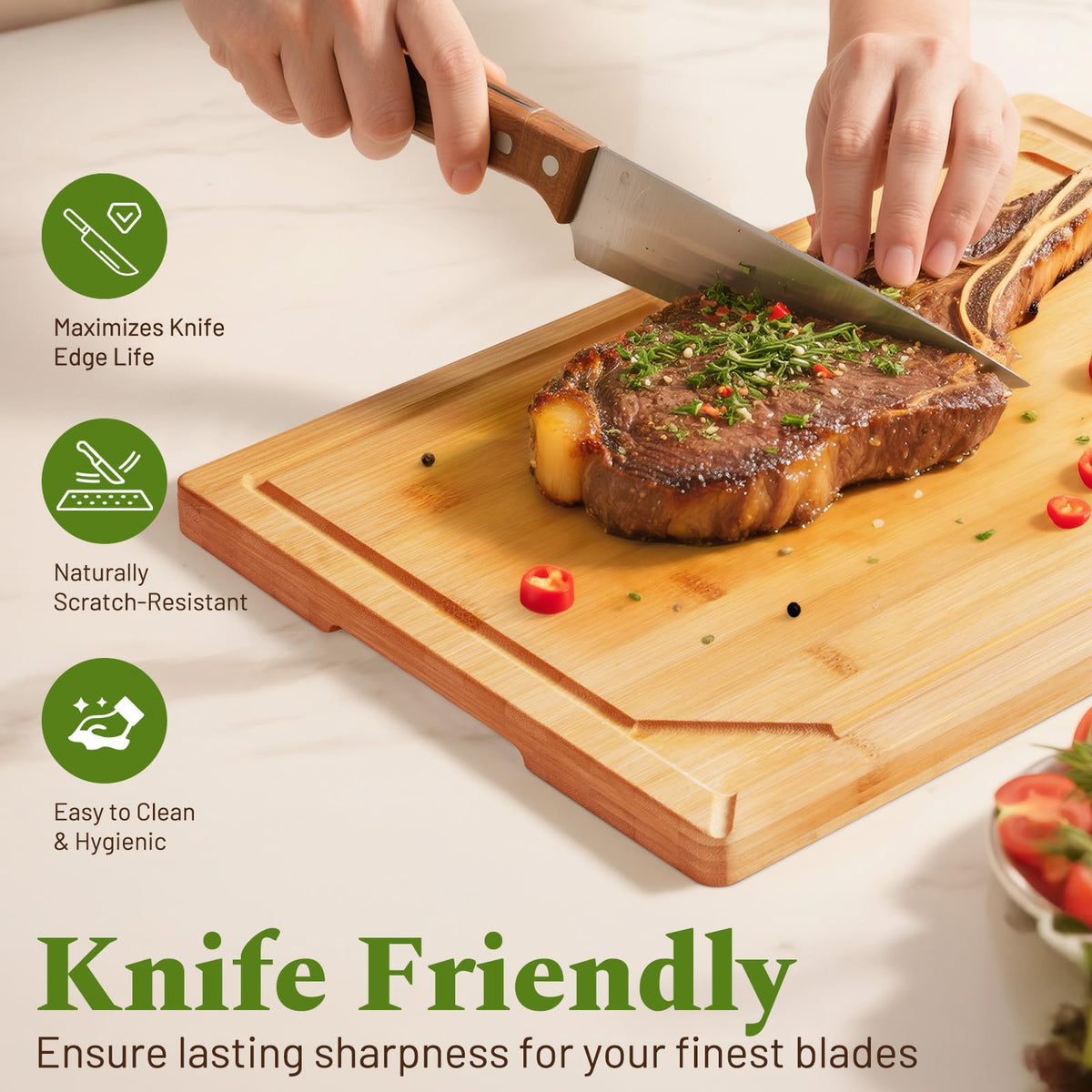 Kikcoin large bamboo cutting board 16x11 great for meat handling and carving.