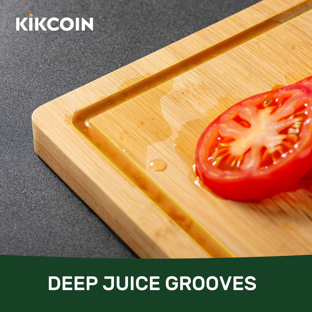 Kikcoin bamboo cutting board built-in handle for easy lifting.