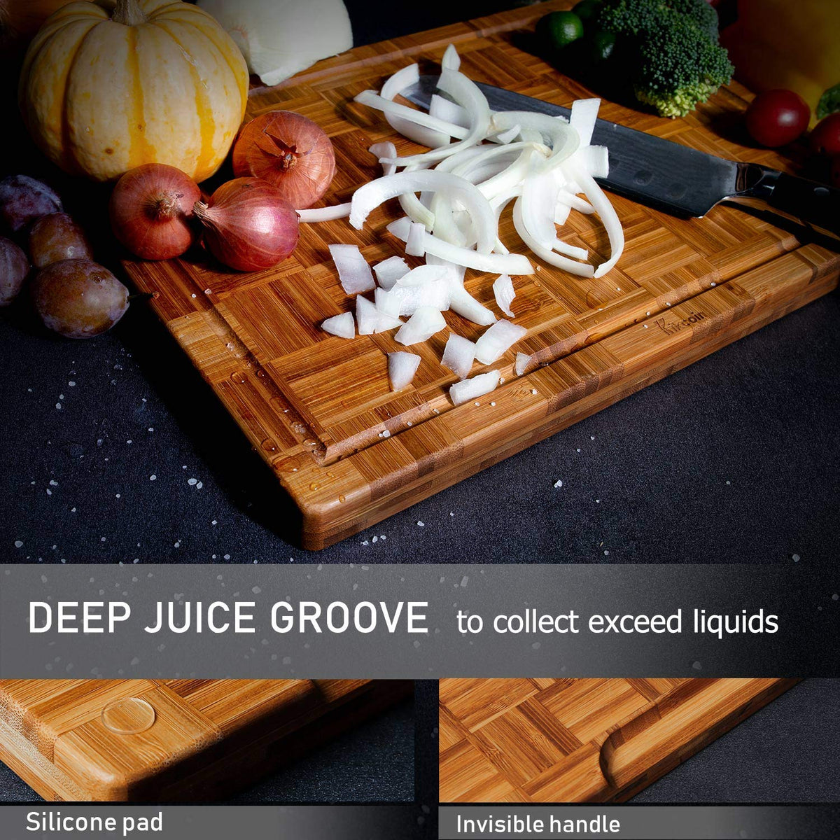 Kikcoin bamboo cutting board set M for fruit with easy handling.