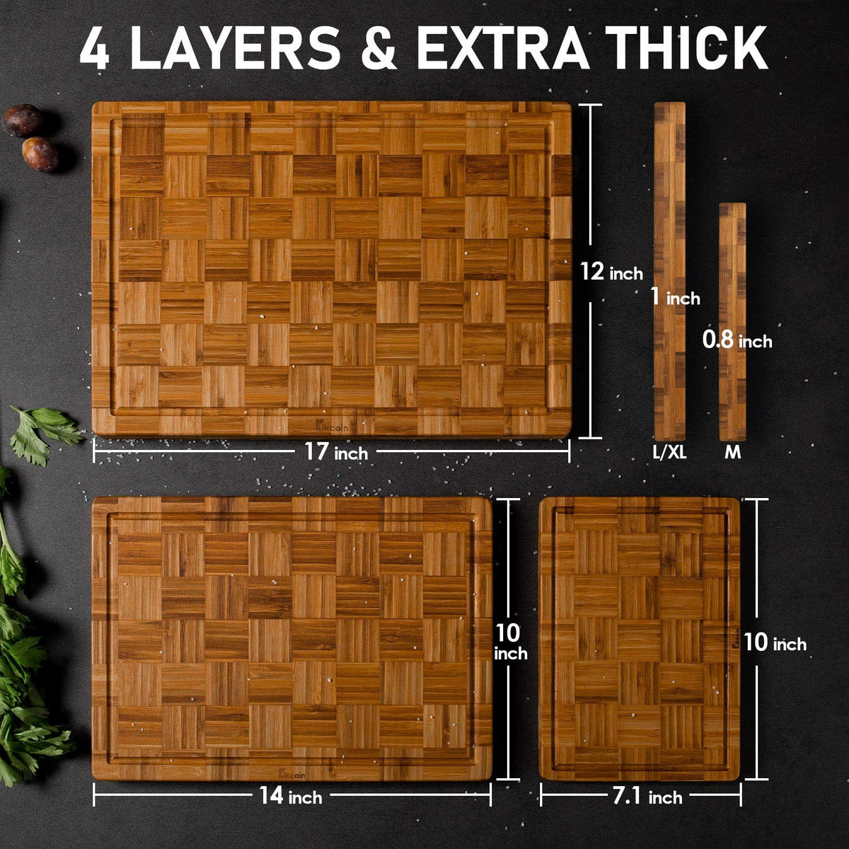 Kikcoin bamboo cutting board set L for vegetables with smooth surface.