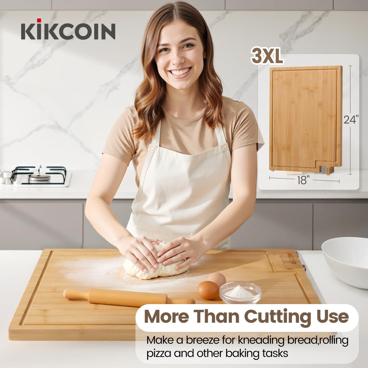 Kikcoin bamboo cutting board on rubber feet for stable placement