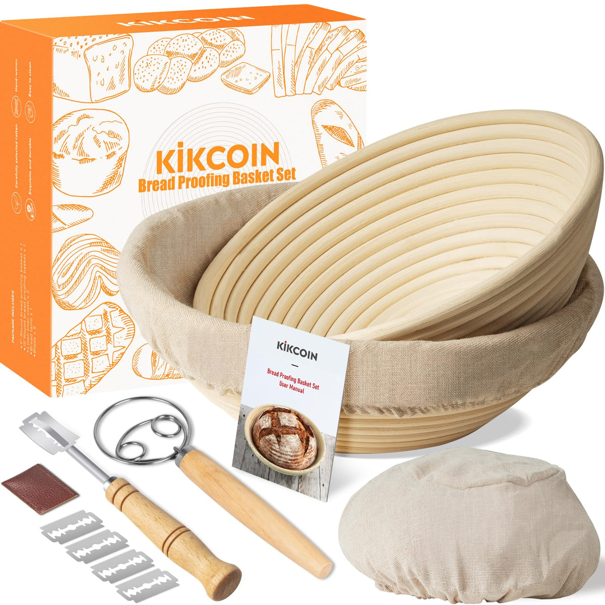 Kikcoin banneton round nine inch with smooth rattan surface for even proofing and spiral crust