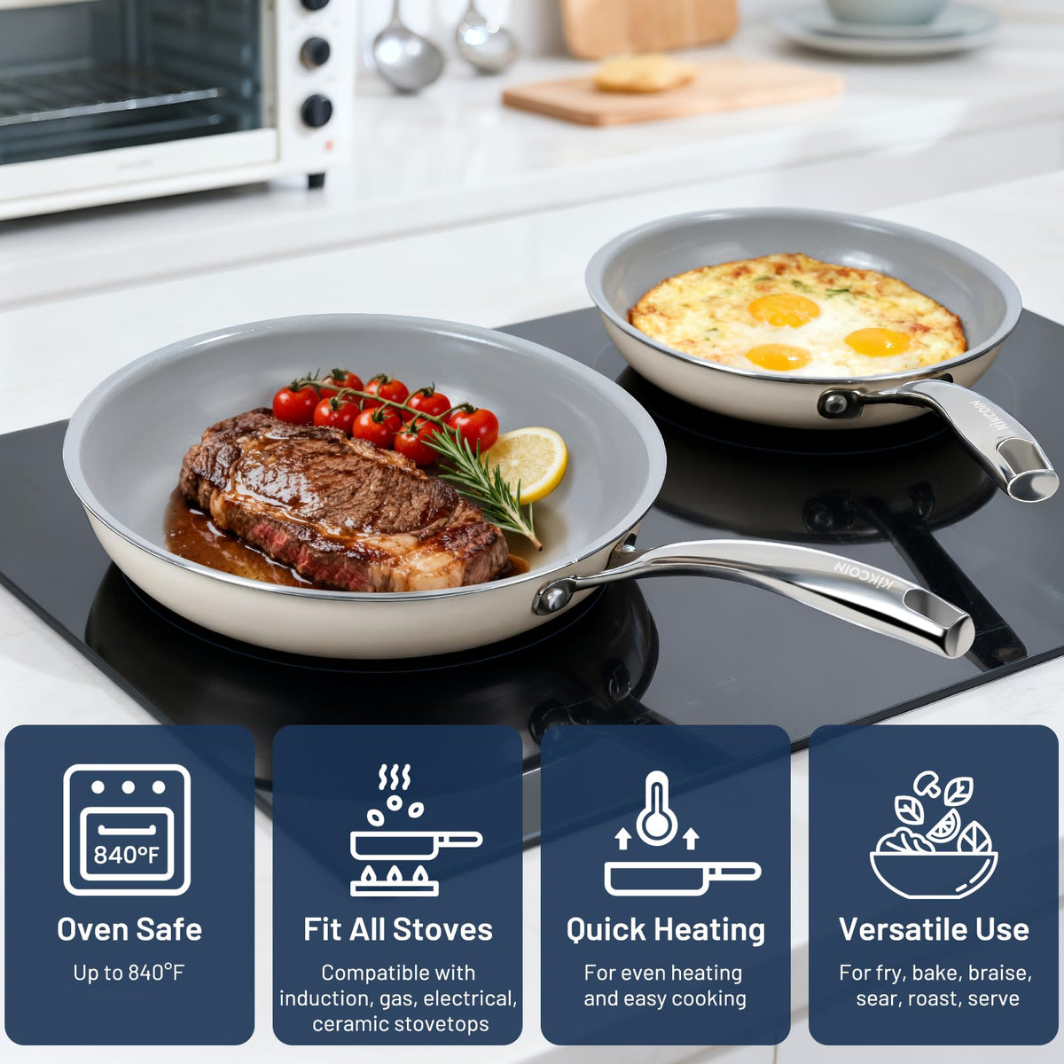 Kikcoin ceramic nonstick pan handle shown for a cool, secure grip