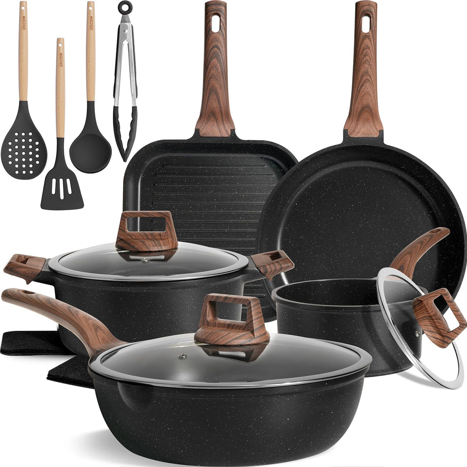 Kikcoin 16-piece ceramic cookware set overview with durable construction and modern granite speckle