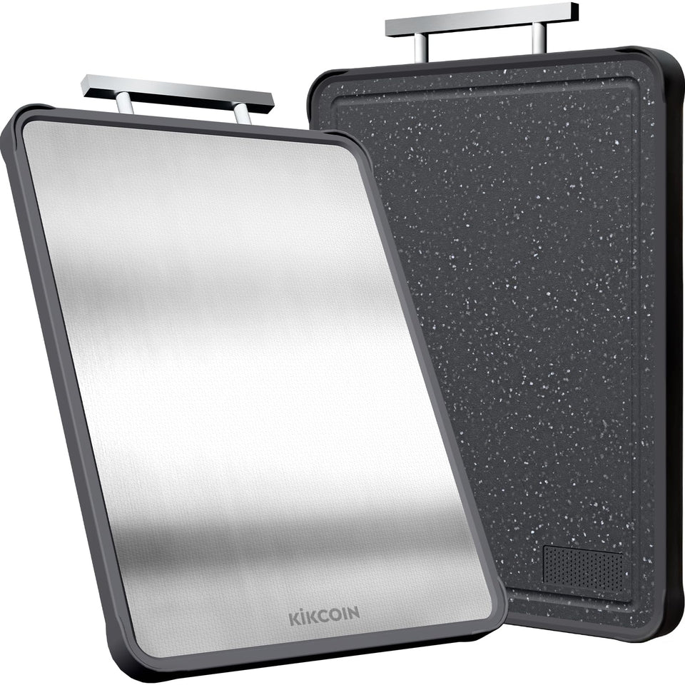 Kikcoin cutting board double-sided top view for safe meat and produce prep.