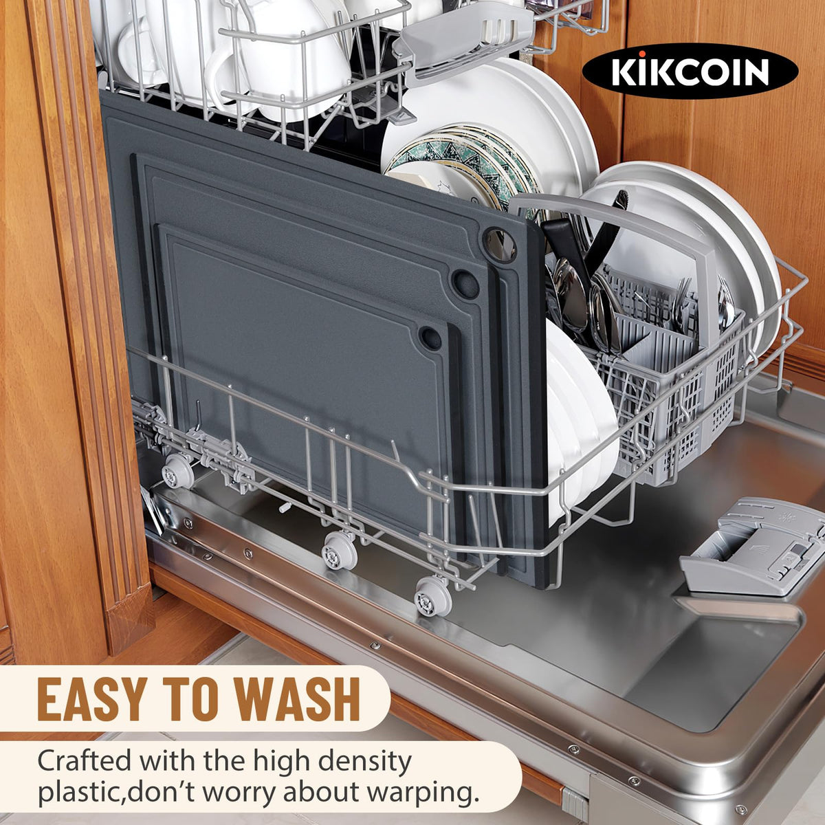 Kikcoin cutting board with juice groove to catch meat drips