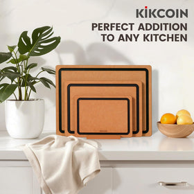 Kikcoin cutting board with juice groove to catch liquids
