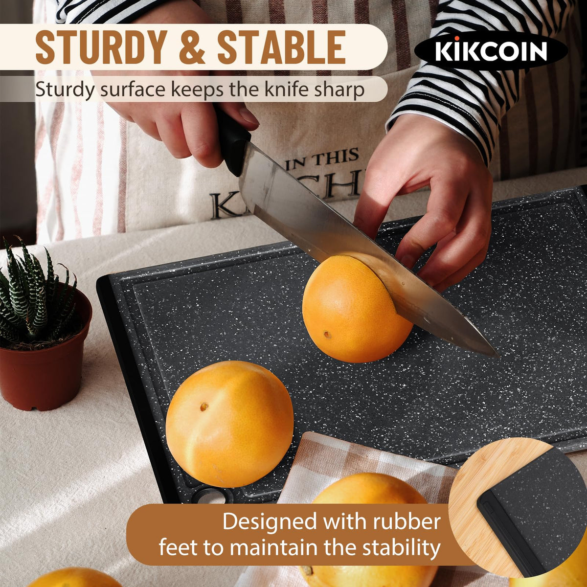 Kikcoin cutting board with rubber feet grips counter securely